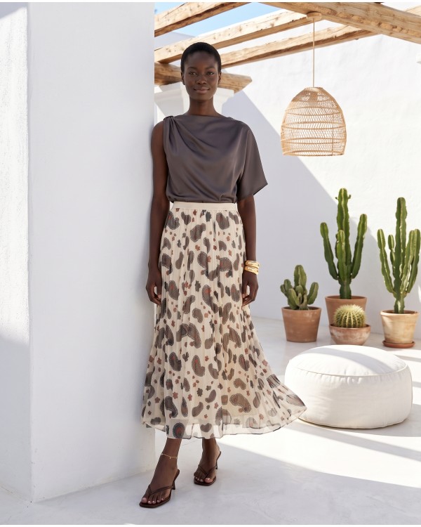 Printed Chiffon Maxi Skirt – Beige Lace
