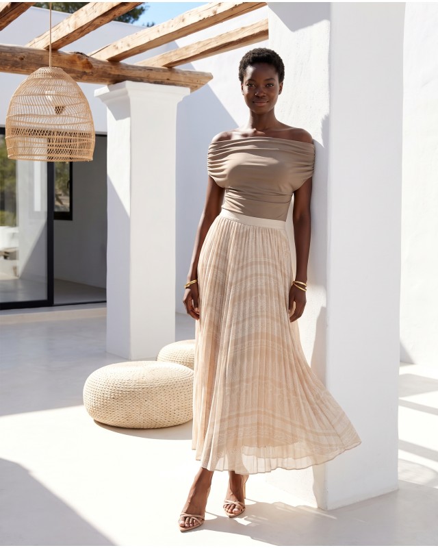 Printed Chiffon Maxi Skirt – Beige Lace