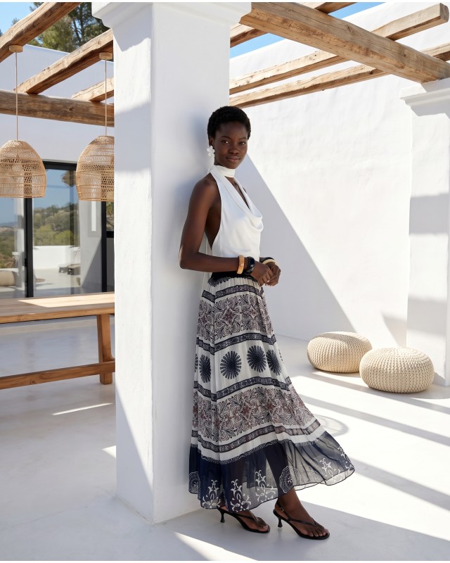 Printed Chiffon Maxi Skirt – Black Tile Pattern