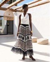 Printed Chiffon Maxi Skirt – Black Tile Pattern