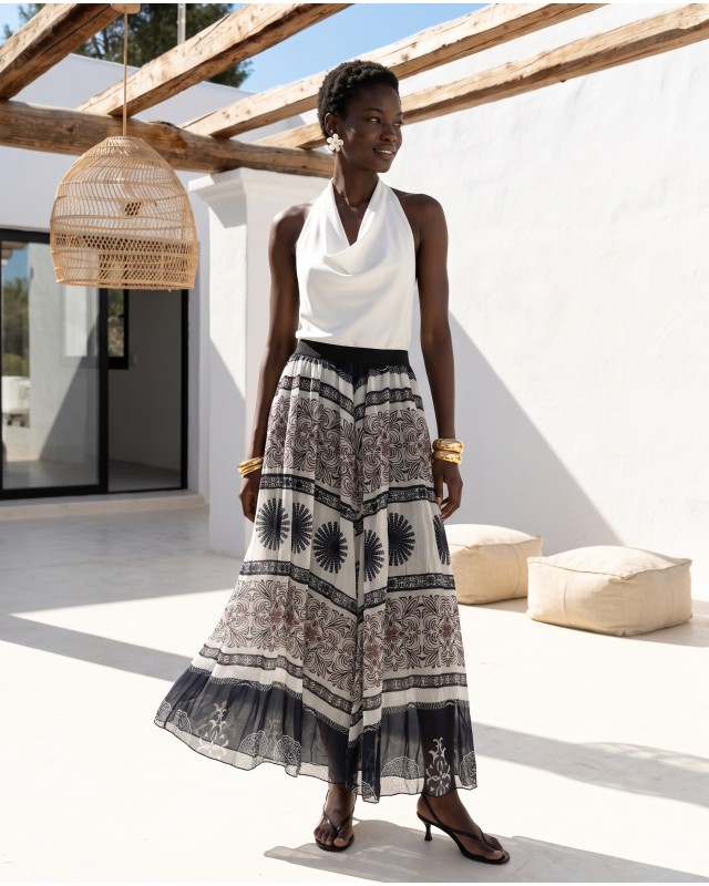 Printed Chiffon Maxi Skirt – Black Tile Pattern