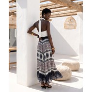 Printed Chiffon Maxi Skirt – Black Tile Pattern