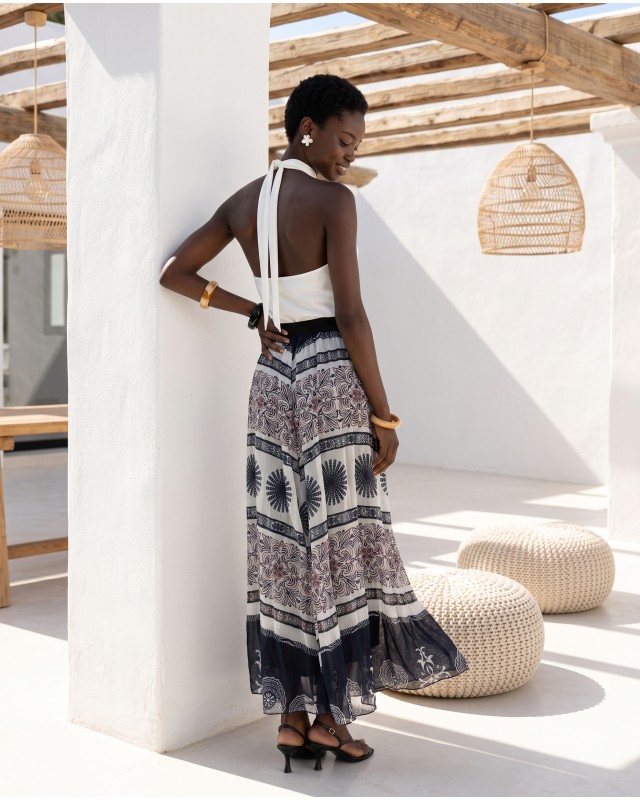 Printed Chiffon Maxi Skirt – Black Tile Pattern
