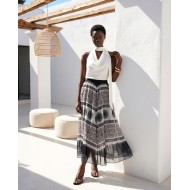Printed Chiffon Maxi Skirt – Black Tile Pattern