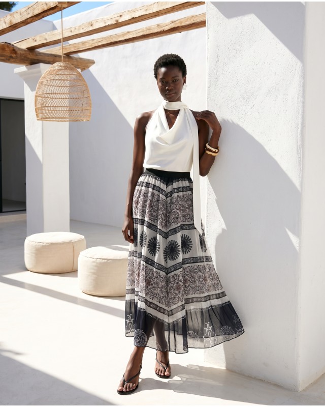 Printed Chiffon Maxi Skirt – Black Tile Pattern