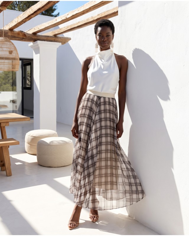 Printed Chiffon Maxi Skirt – Black Plaid