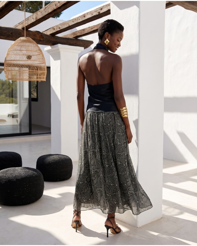Printed Chiffon Maxi Skirt – Dark green Paisley