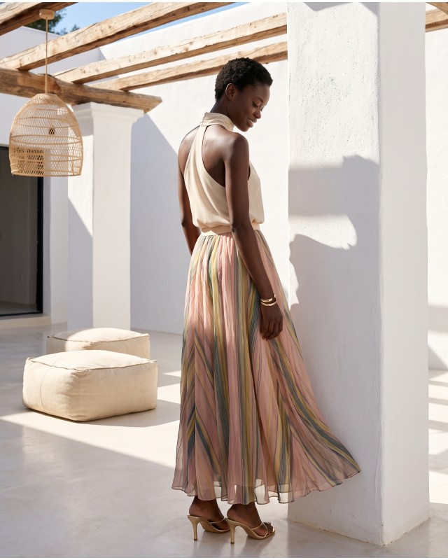 Printed Chiffon Maxi Skirt – Multicolor Stripe
