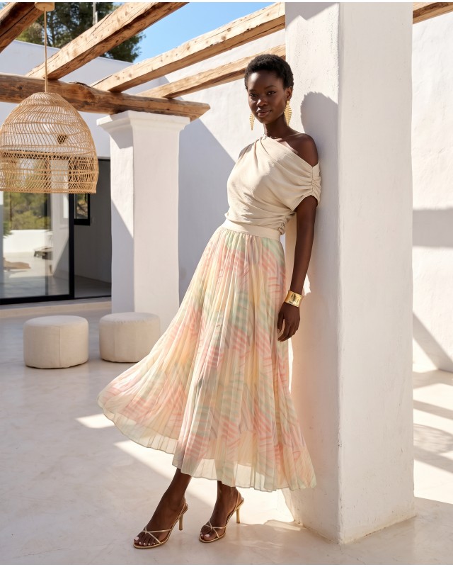 Printed Chiffon Maxi Skirt – Pastel Rainbow