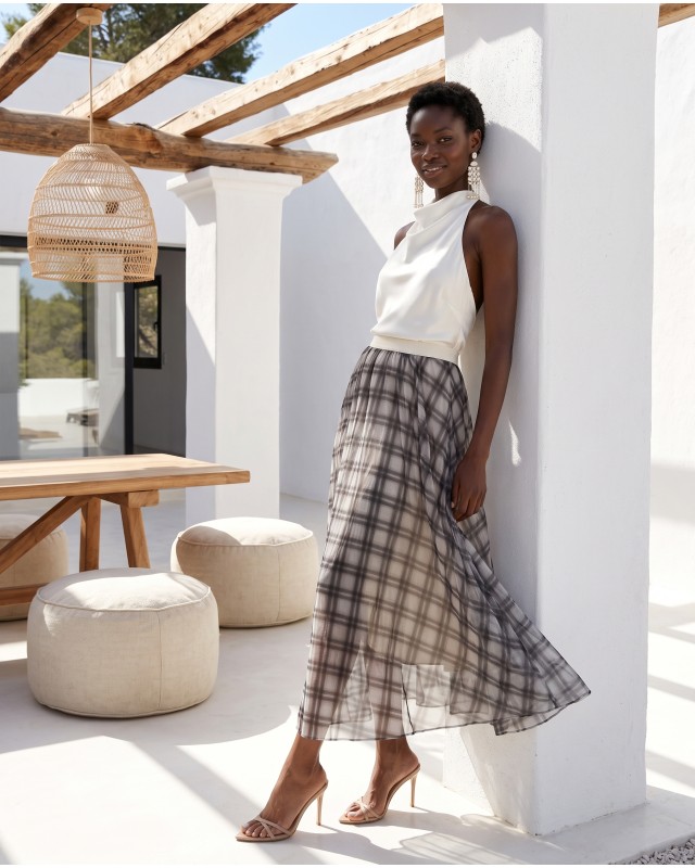 Printed Chiffon Maxi Skirt – Black Plaid