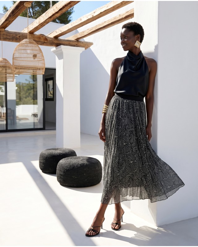 Printed Chiffon Maxi Skirt – Dark green Paisley