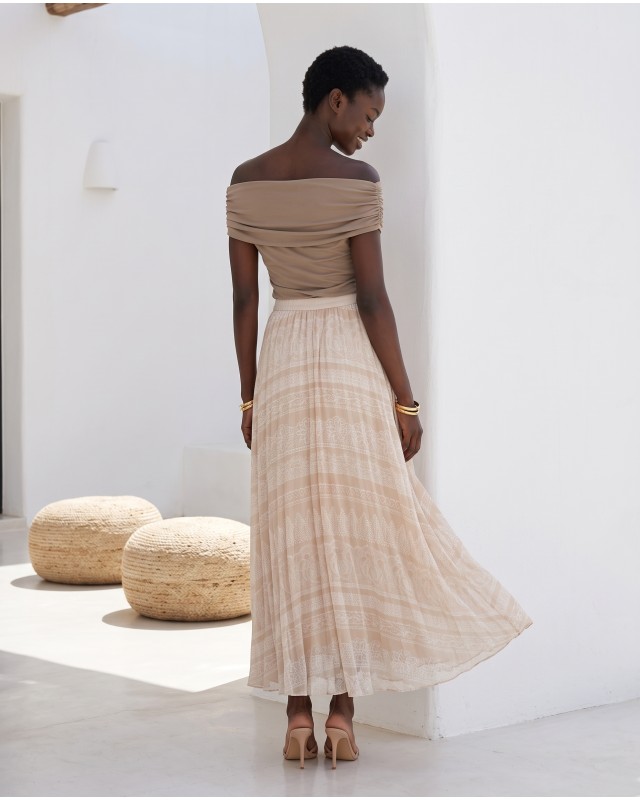 Printed Chiffon Maxi Skirt – Beige Lace