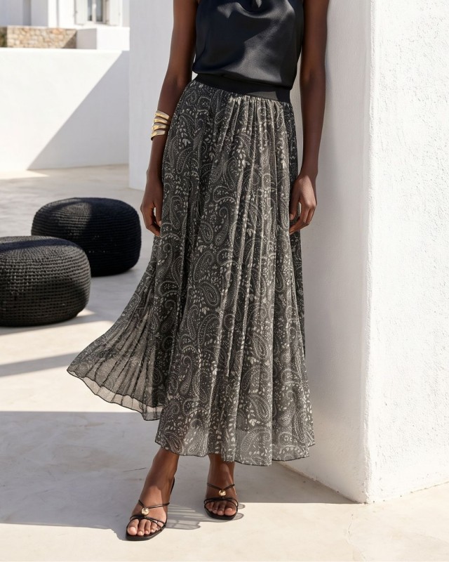 Printed Chiffon Maxi Skirt – Dark green Paisley