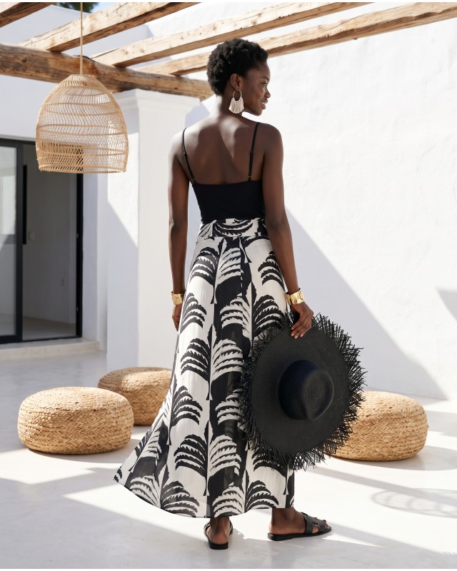  Φούστα Παρεό με δέσιμο στο πλάι με print black&white palm