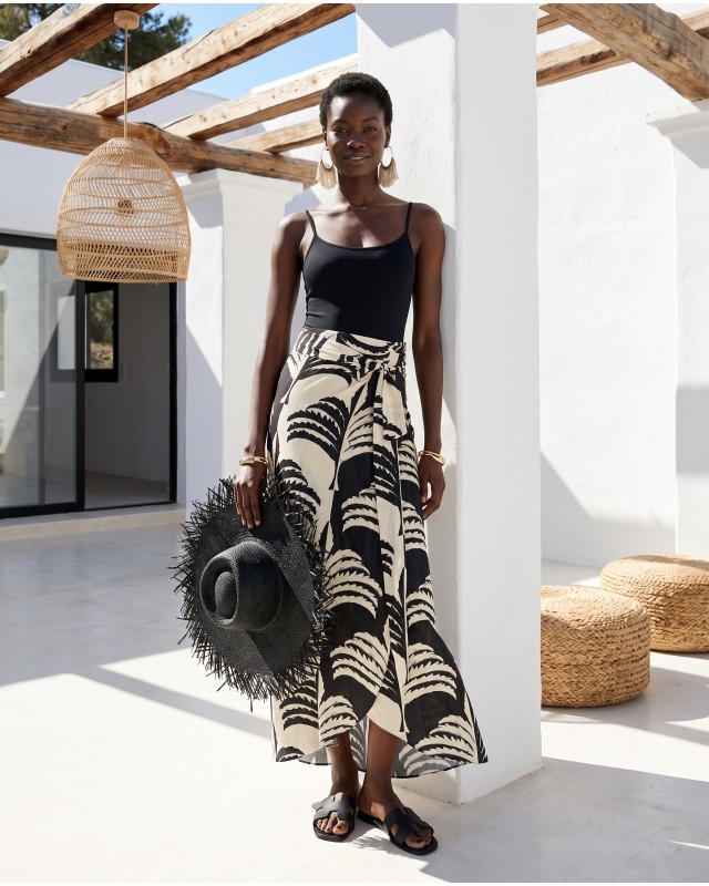  Φούστα Παρεό με δέσιμο στο πλάι με print black&white palm