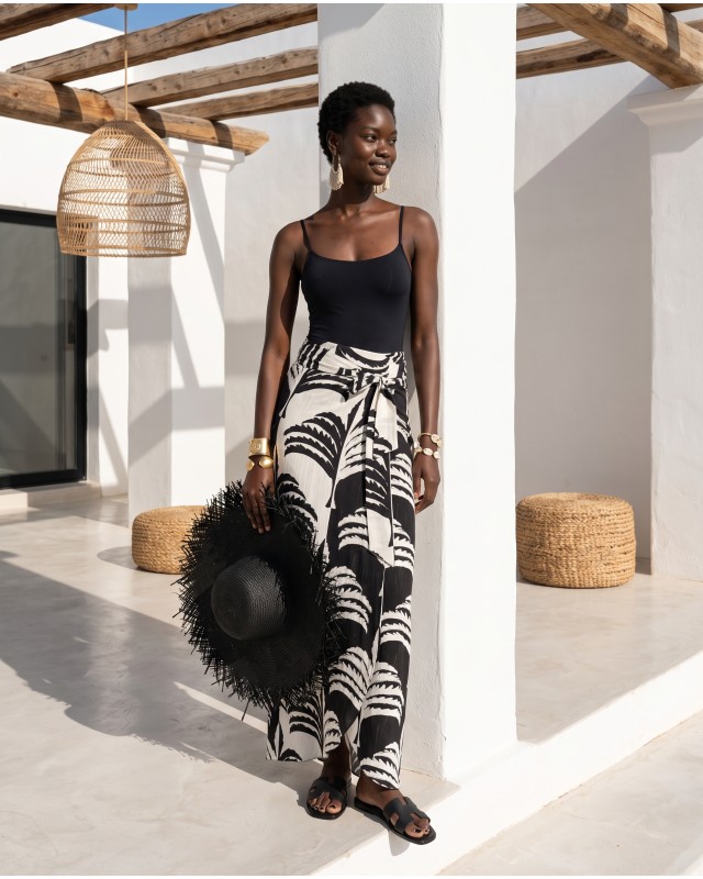  Φούστα Παρεό με δέσιμο στο πλάι με print black&white palm
