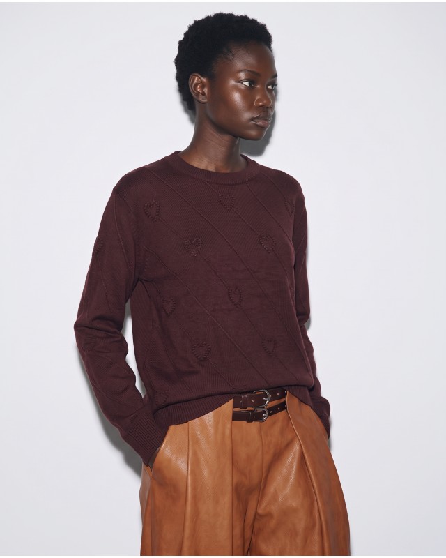 Πλεκτή Μπλούζα με Ανάγλυφες Καρδιές brown