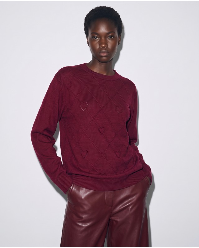 Πλεκτή Μπλούζα με Ανάγλυφες Καρδιές wine red