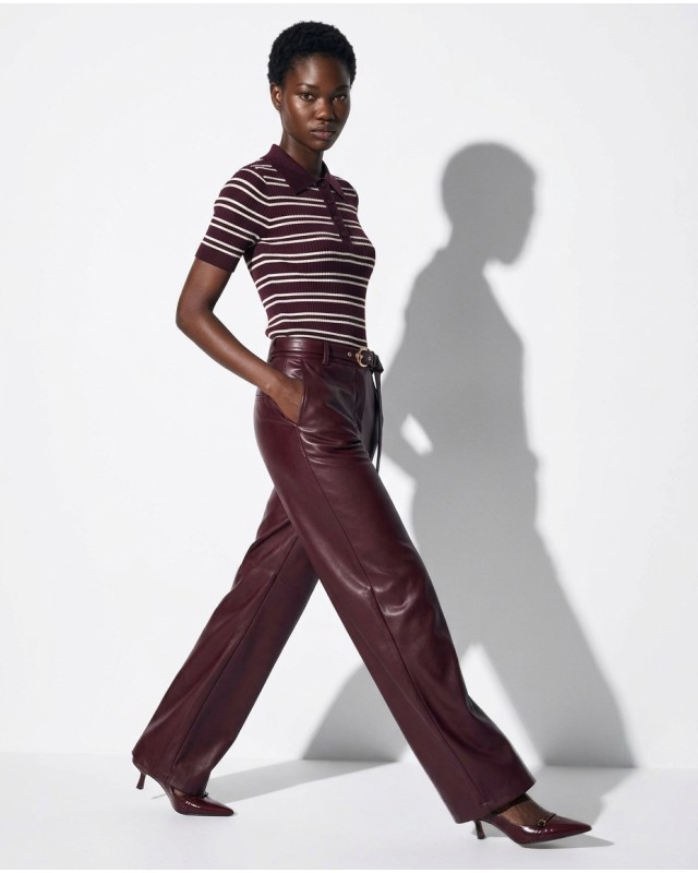Ριγέ Πλεκτή Polo μπλούζα  με Κοντό Μανίκι Burgundy