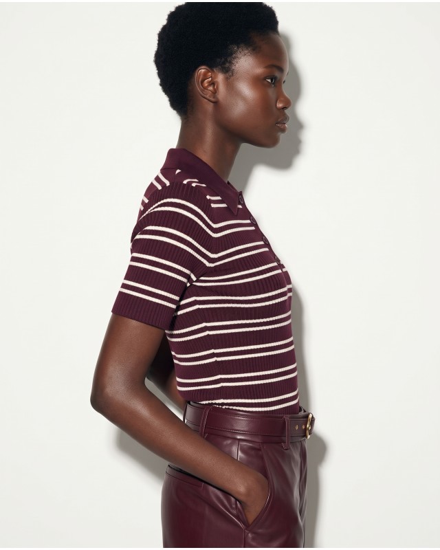 Ριγέ Πλεκτή Polo μπλούζα  με Κοντό Μανίκι Burgundy