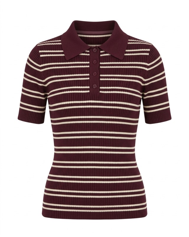 Ριγέ Πλεκτή Polo μπλούζα  με Κοντό Μανίκι Burgundy