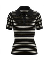 Ριγέ Πλεκτή Polo μπλούζα  με Κοντό Μανίκι Black 