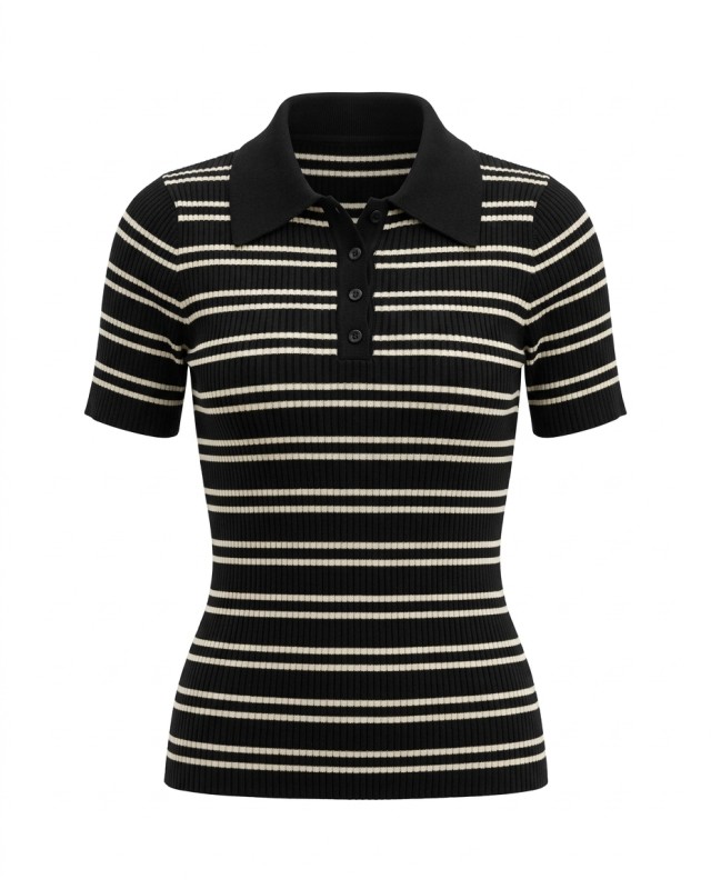 Ριγέ Πλεκτή Polo μπλούζα  με Κοντό Μανίκι Black 