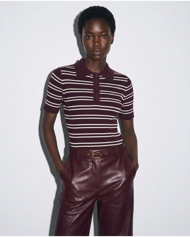 Ριγέ Πλεκτή Polo μπλούζα  με Κοντό Μανίκι Burgundy