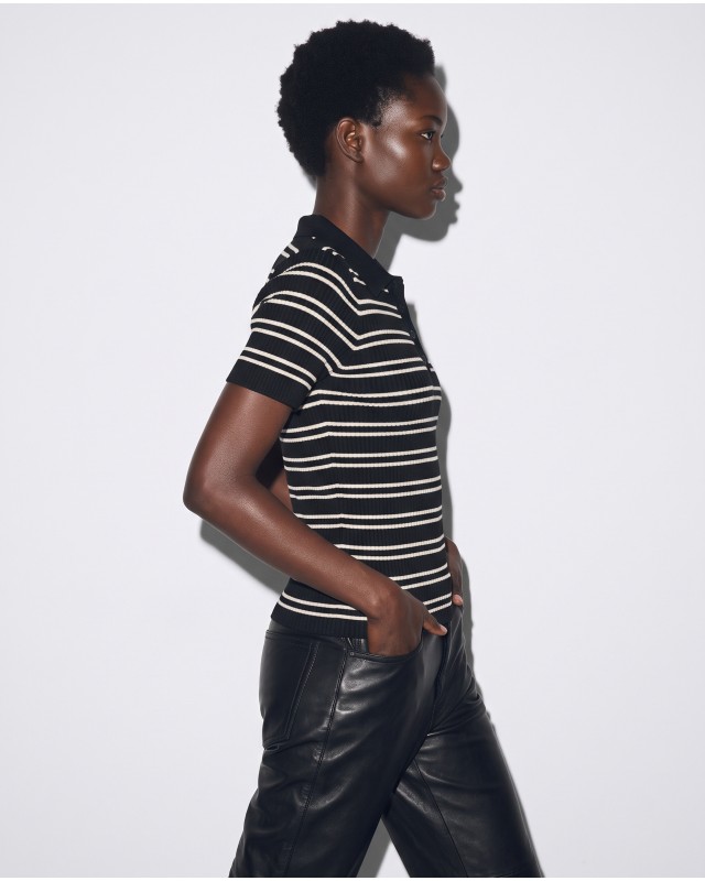 Ριγέ Πλεκτή Polo μπλούζα  με Κοντό Μανίκι Black 