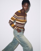 Ριπ Πλεκτή Μπλούζα Polo με Ρίγες & Κουμπιά Brown & Mustard