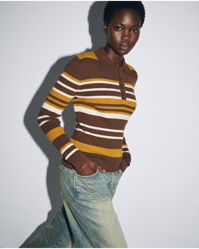 Ριπ Πλεκτή Μπλούζα Polo με Ρίγες & Κουμπιά Brown & Mustard
