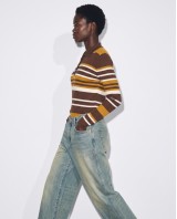 Ριπ Πλεκτή Μπλούζα Polo με Ρίγες & Κουμπιά Brown & Mustard