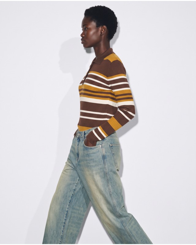 Ριπ Πλεκτή Μπλούζα Polo με Ρίγες & Κουμπιά Brown & Mustard