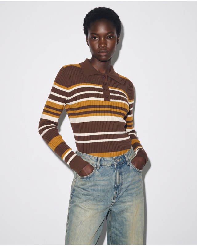 Ριπ Πλεκτή Μπλούζα Polo με Ρίγες & Κουμπιά Brown & Mustard