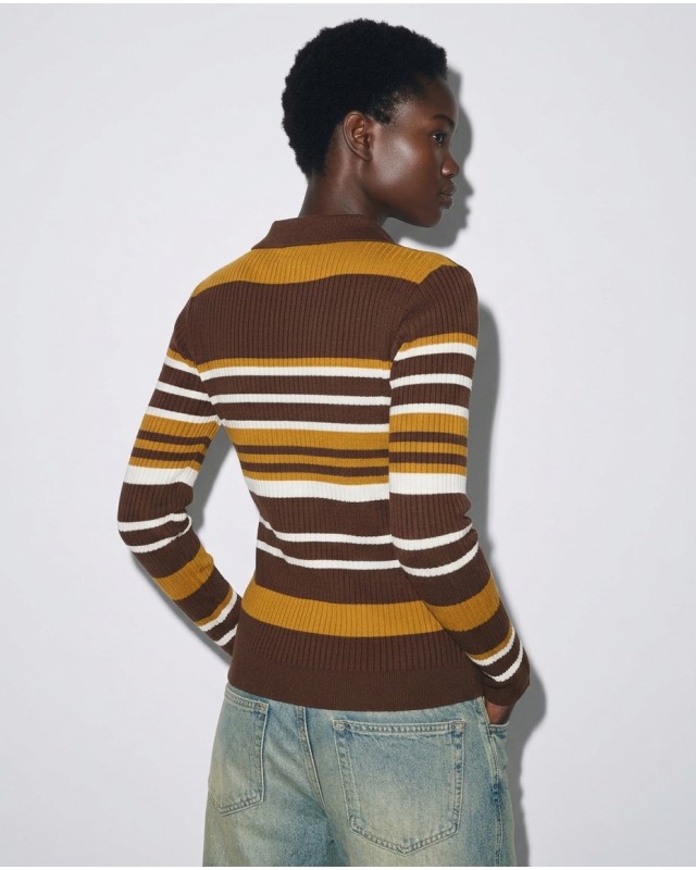 Ριπ Πλεκτή Μπλούζα Polo με Ρίγες & Κουμπιά Brown & Mustard