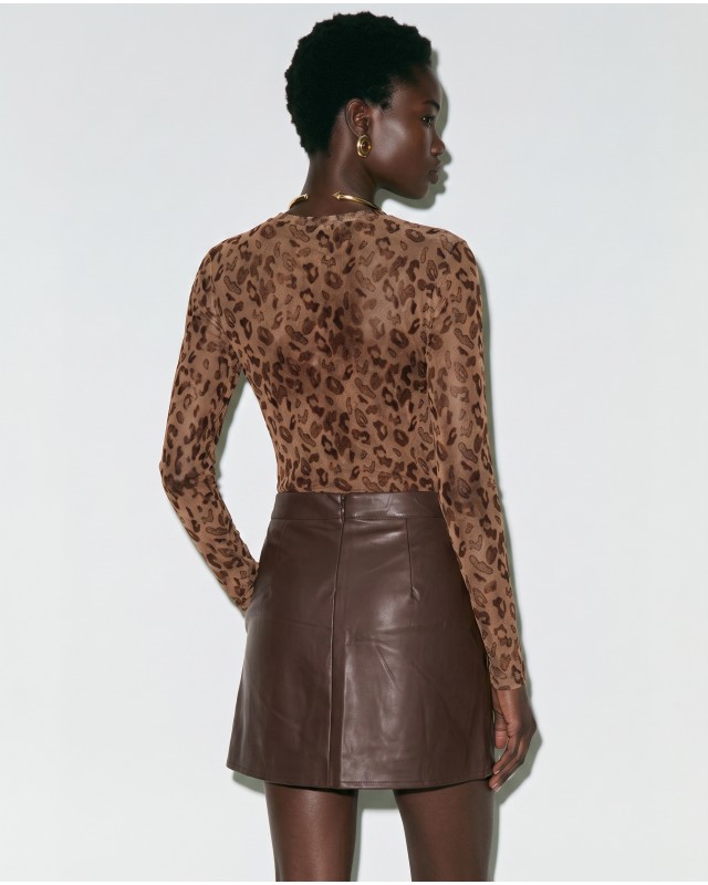 Faux Leather Ruched Skirt - Brown
