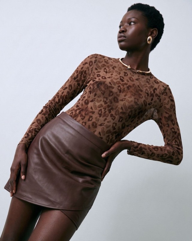 Faux Leather Ruched Skirt - Brown