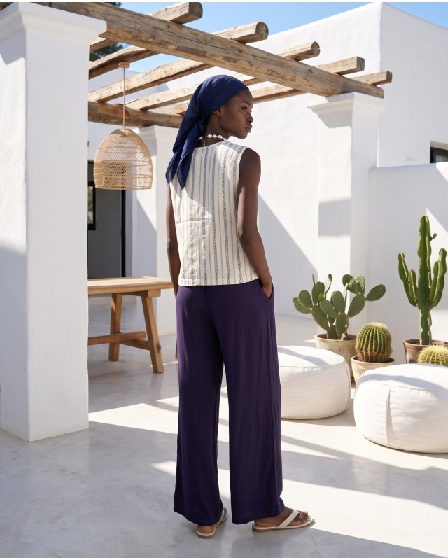 Striped Vest & Wide-Leg Trousers Set navy