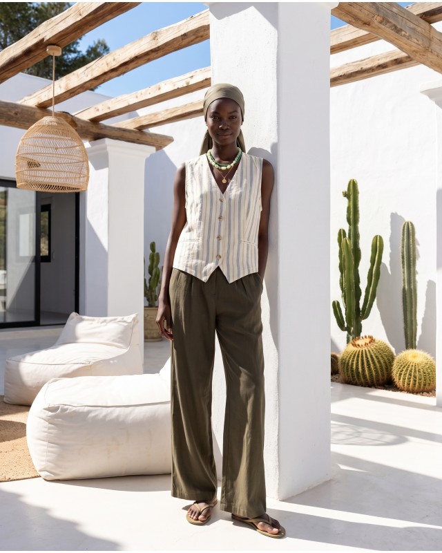 Striped Vest & Wide-Leg Trousers Set olive