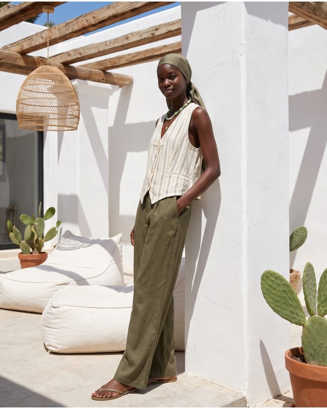 Striped Vest & Wide-Leg Trousers Set olive
