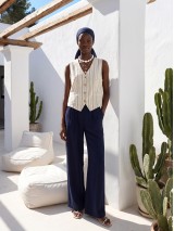 Striped Vest & Wide-Leg Trousers Set navy