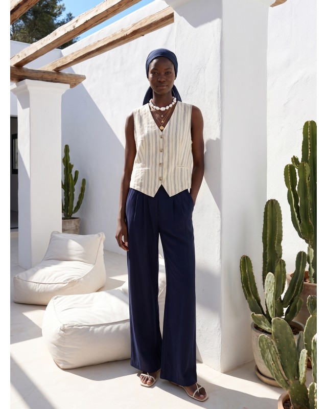 Striped Vest & Wide-Leg Trousers Set navy