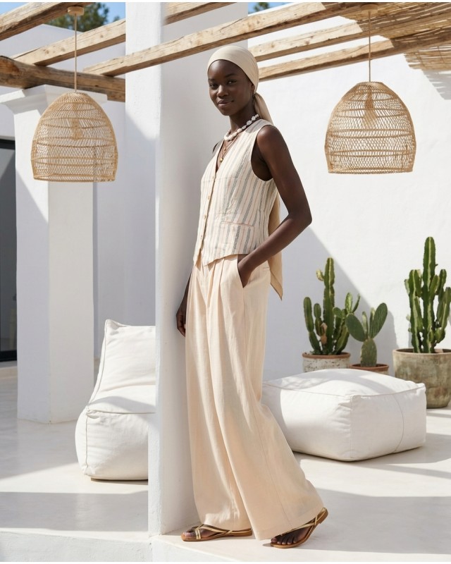 Striped Vest & Wide-Leg Trousers Set beige