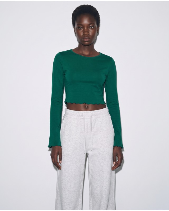 Crop top viscose με μανίκι καμπάνα πράσινο σκούρο