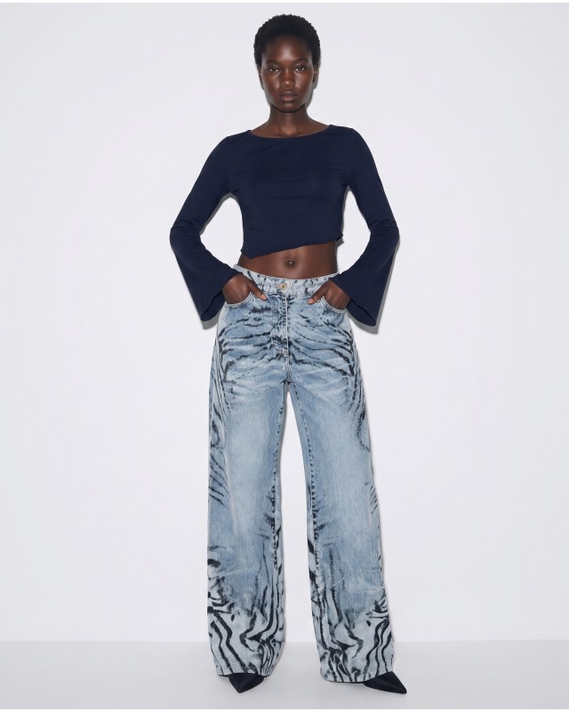 Crop top viscose με μανίκι καμπάνα navy