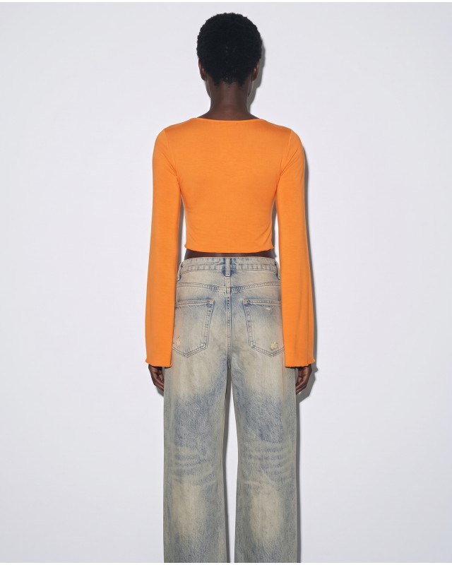 Crop top viscose με μανίκι καμπάνα πορτοκαλί