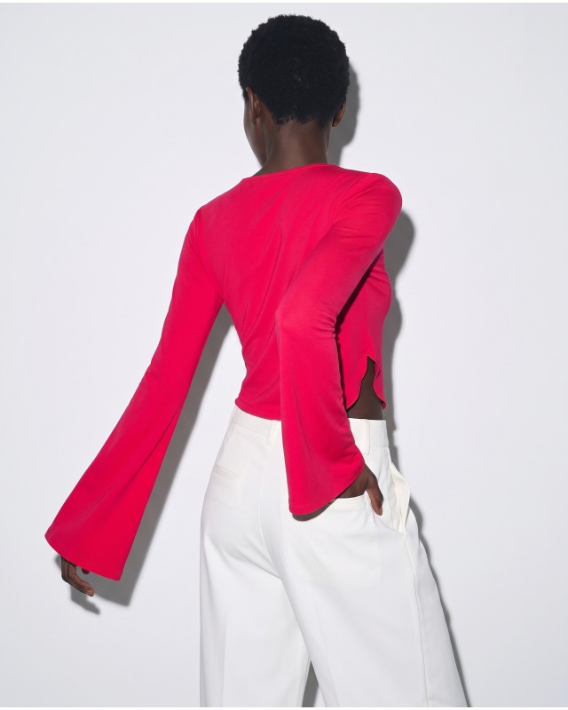 Crop top viscose με μανίκι καμπάνα φούξια