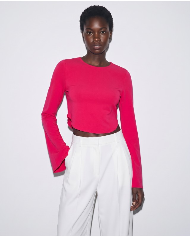 Crop top viscose με μανίκι καμπάνα φούξια