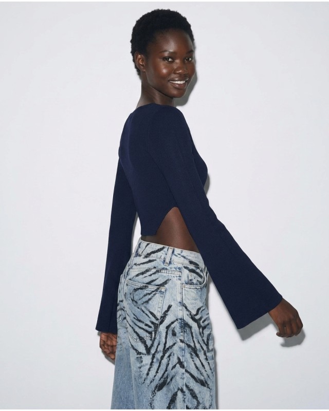 Crop top viscose με μανίκι καμπάνα navy