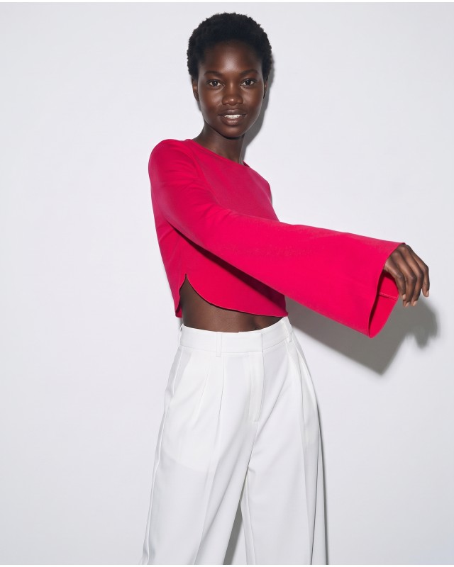 Crop top viscose με μανίκι καμπάνα φούξια